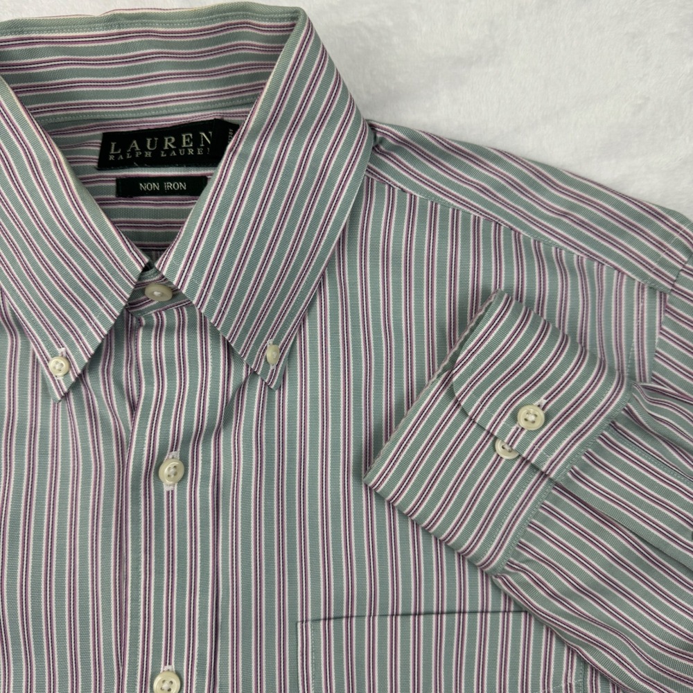 Ralph Lauren Men Non Iron Dress Shirt 15.5 34/35 Green Purple/Pink Striped